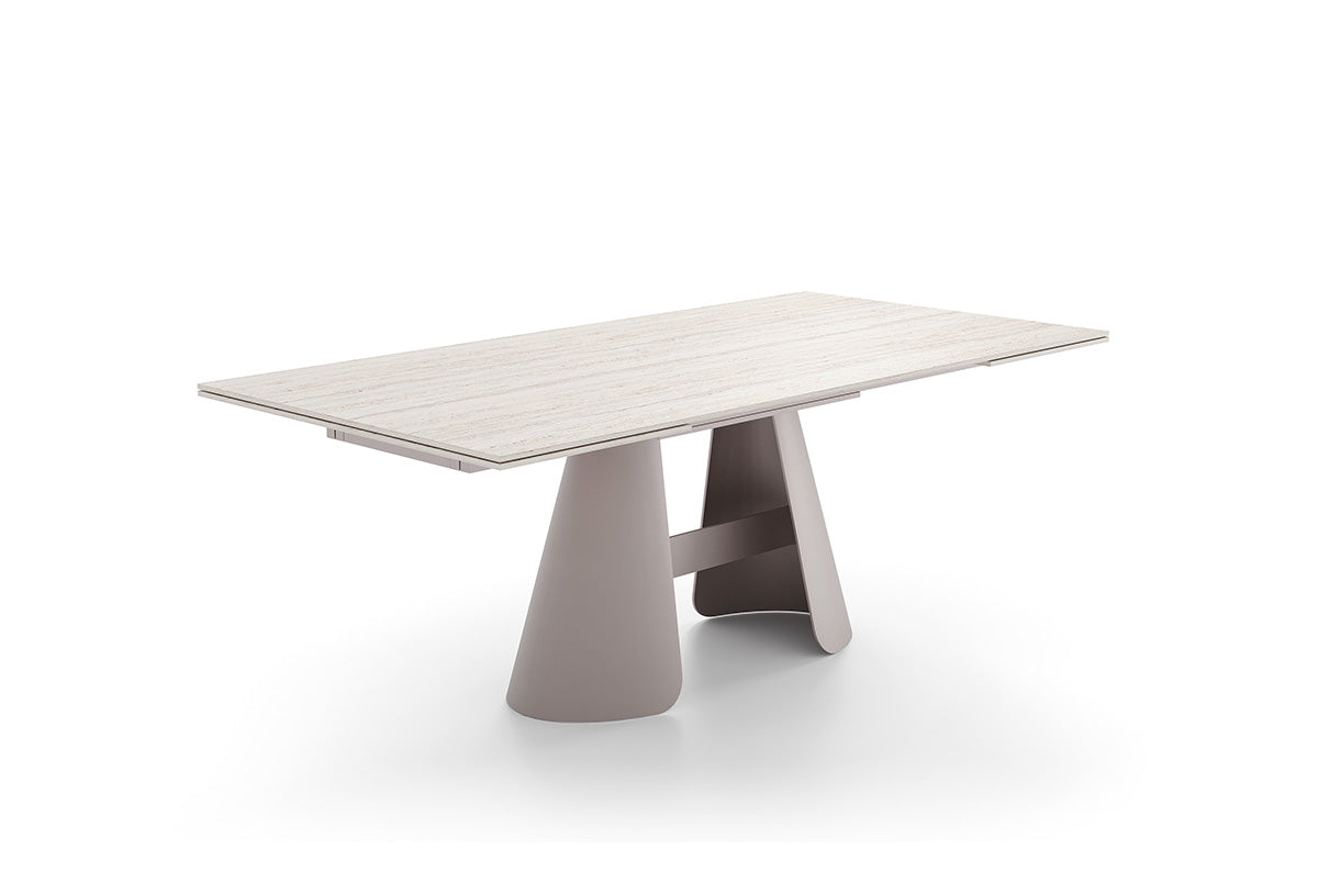 Salda travertine-look ceramic dining table design detail