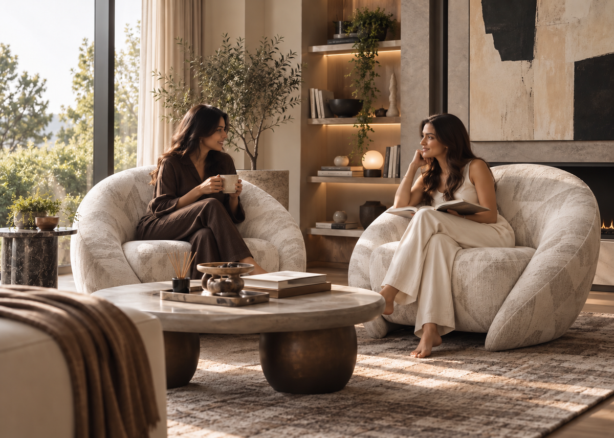 Pair of Solenne Armchairs in a warm luxury living room conversation setting