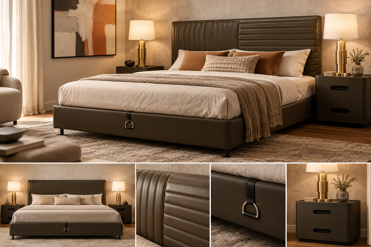 Avera Bed product details showing full bed, channelled headboard, footboard pull detail and matching nightstand