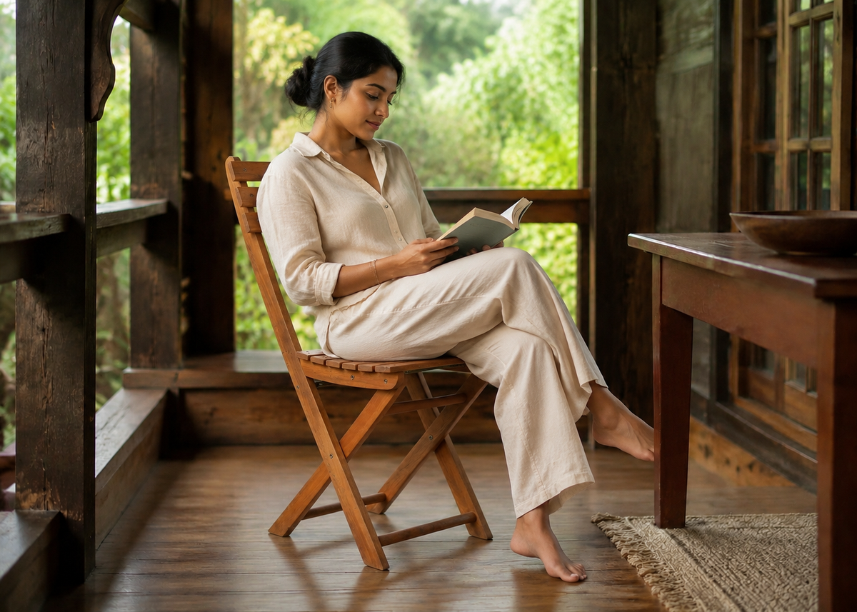 Tennis Wooden in Coorg Timber Veranda with Indian model – lifestyle view