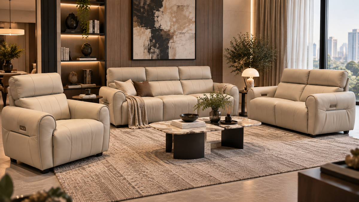 Varen Pure Leather Recliner Sofa 3+2+1 in a formal premium lounge with upright armchair