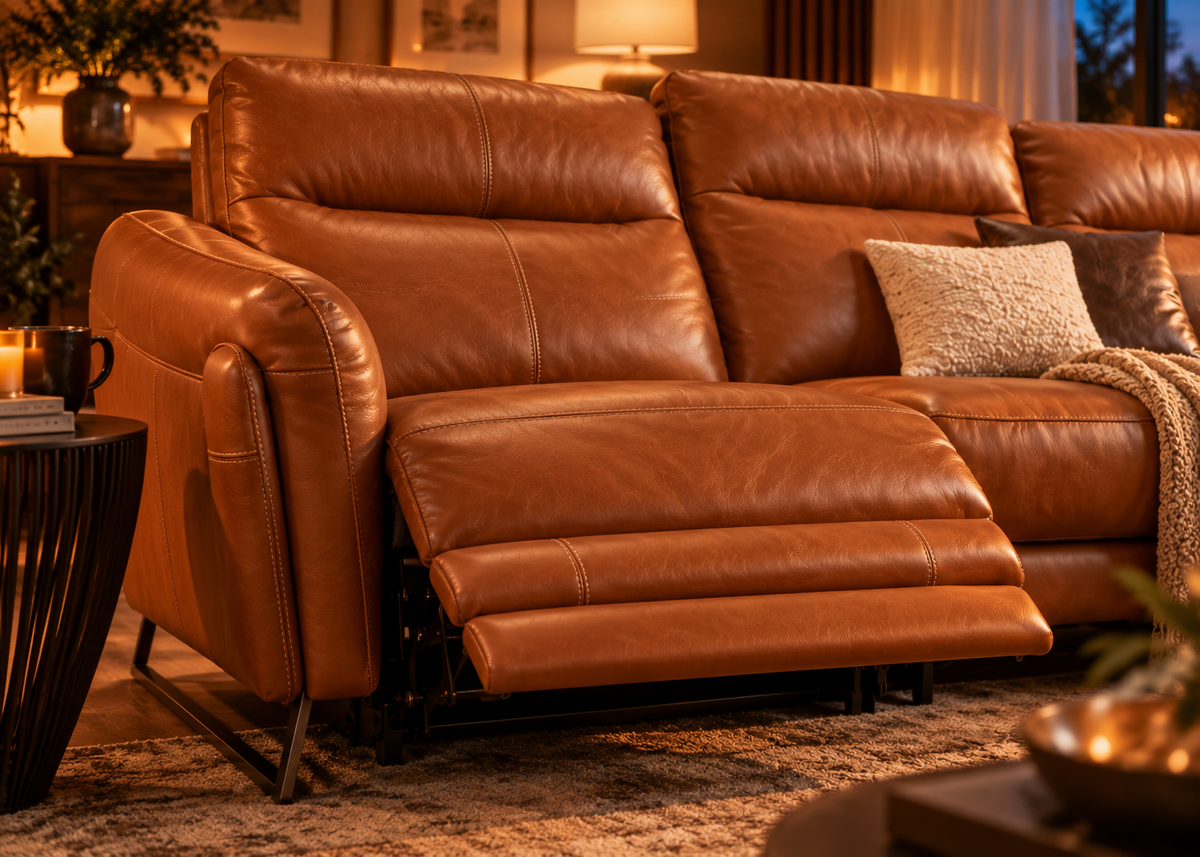 Detailed close-up of Vesper cognac leather recliner sofa showing natural grain, ivory stitching, backrest and extended footrest