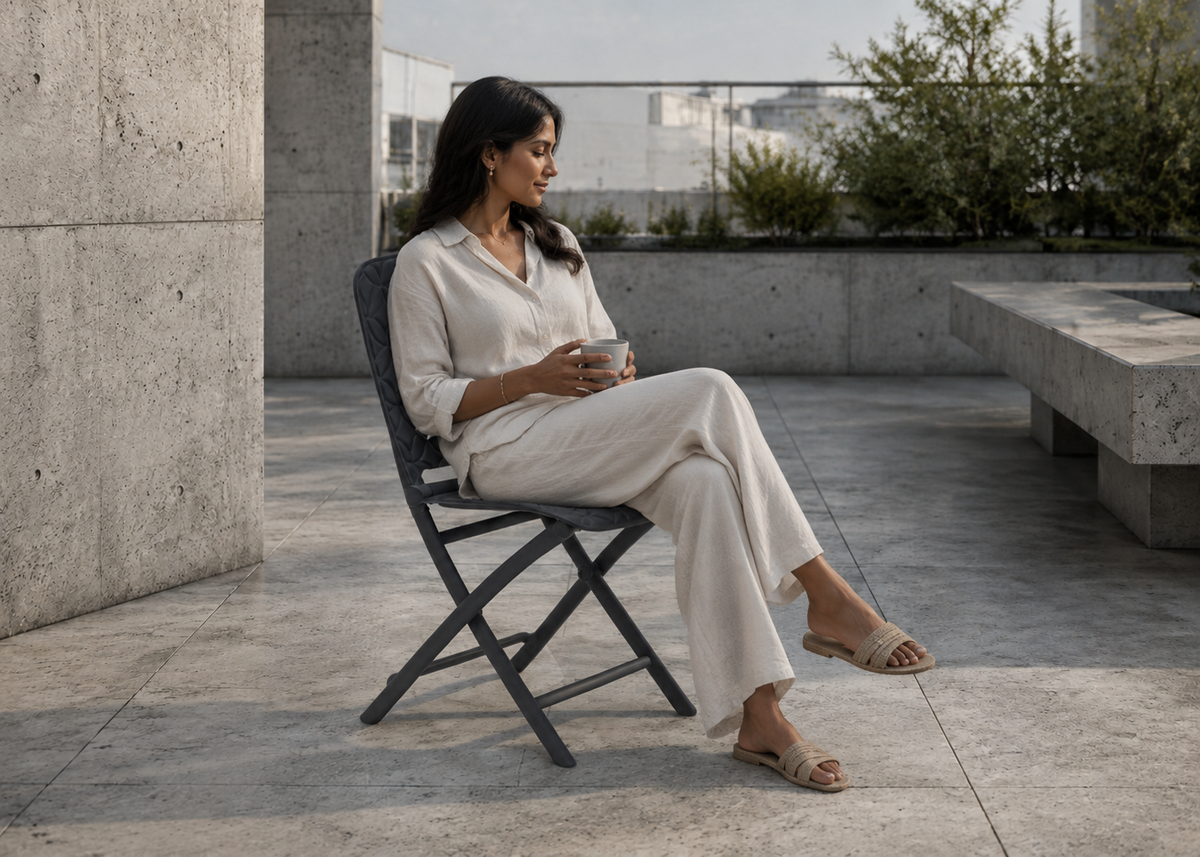 Zac Anthracite in Brutalist Grey Roof Garden with Indian model – lifestyle view