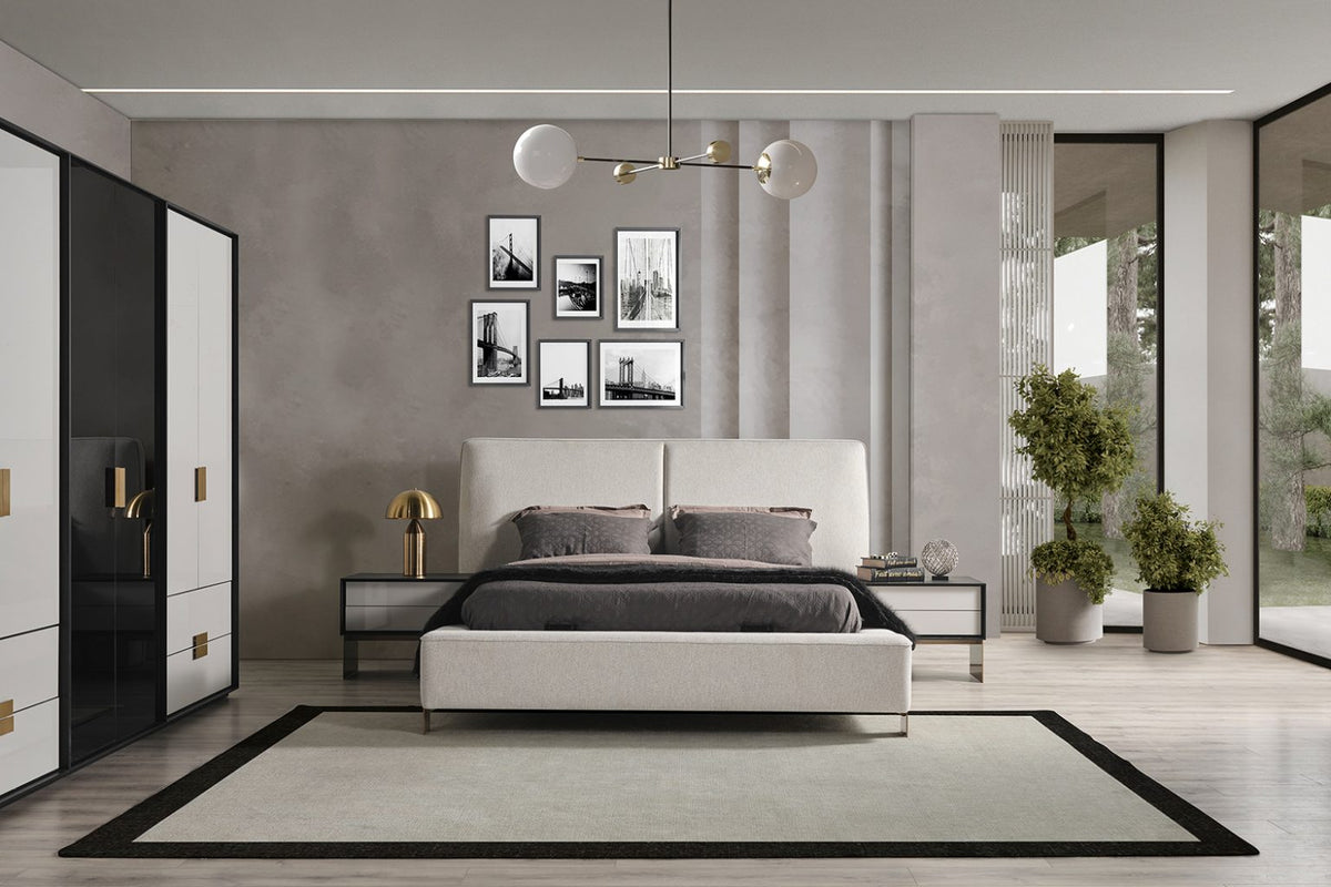 Icon Bed bedroom setting illustrating bedside table height and placement