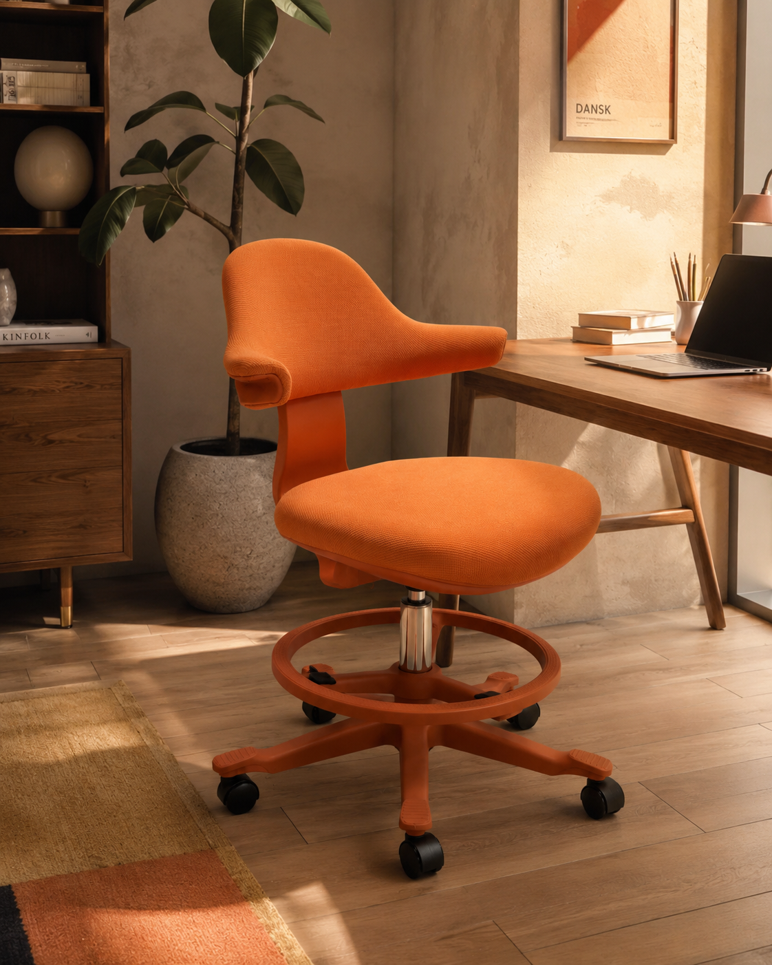 Warm modern home office with an organized desk and technology