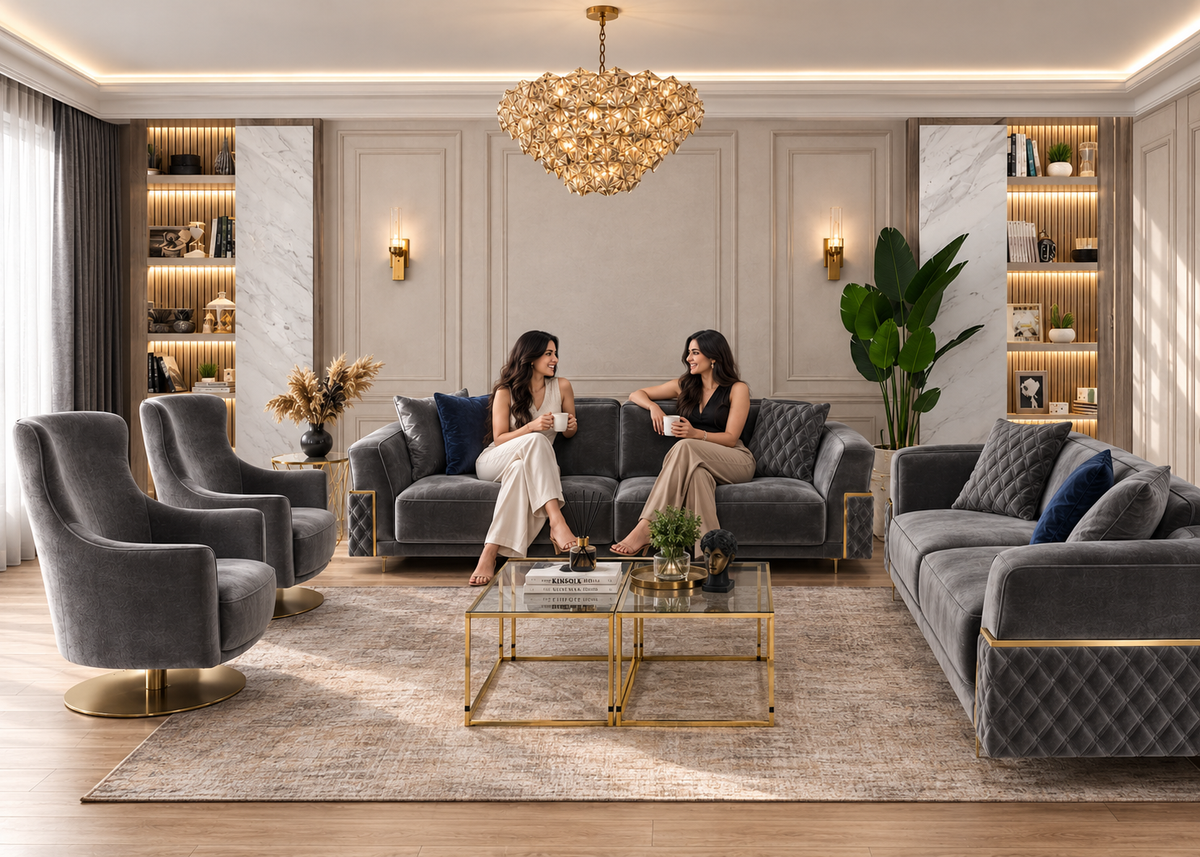 Comfortable family living room arranged for conversation and movement