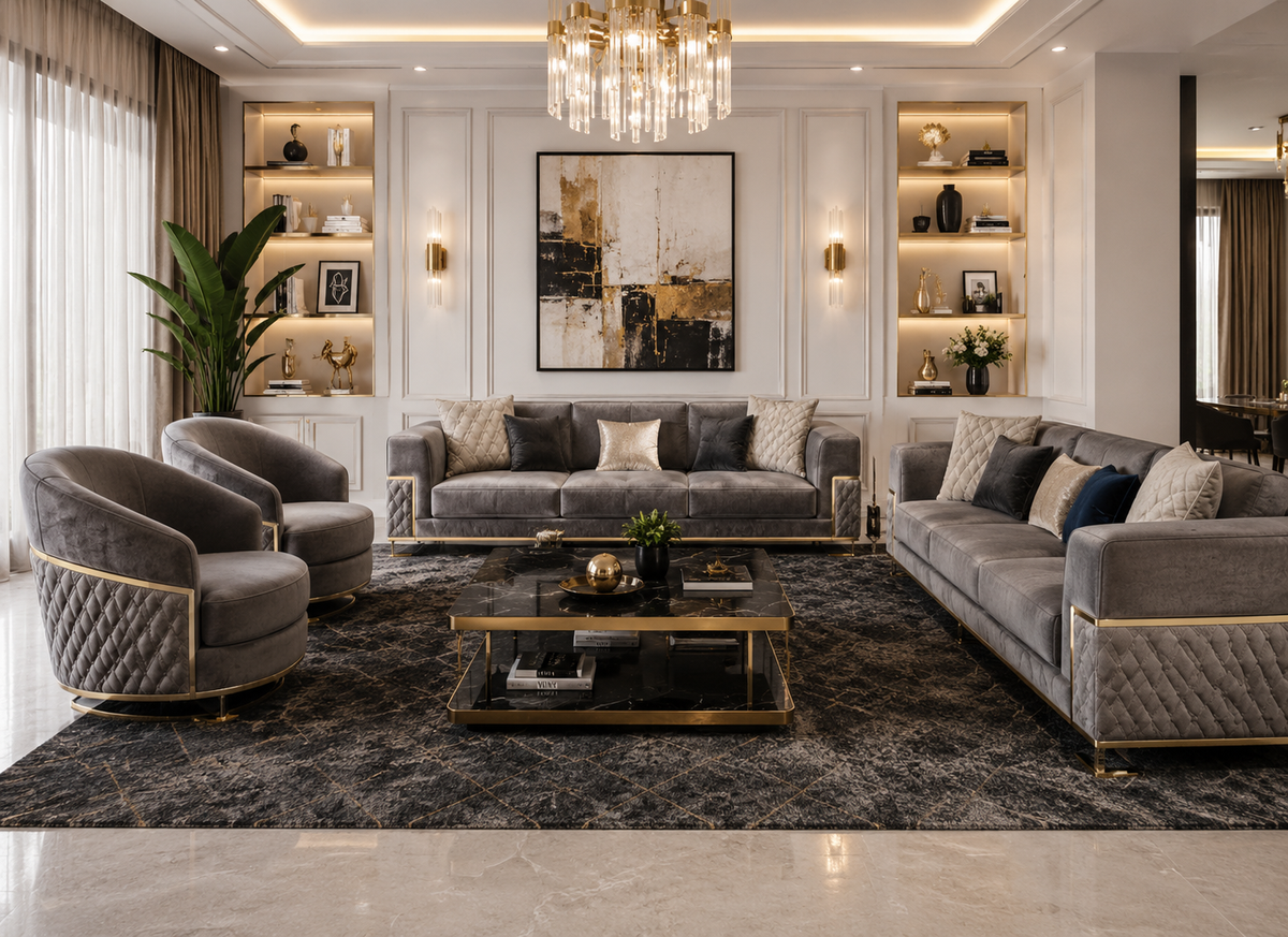 Contemporary grey and gold living room showing layered colour and furniture
