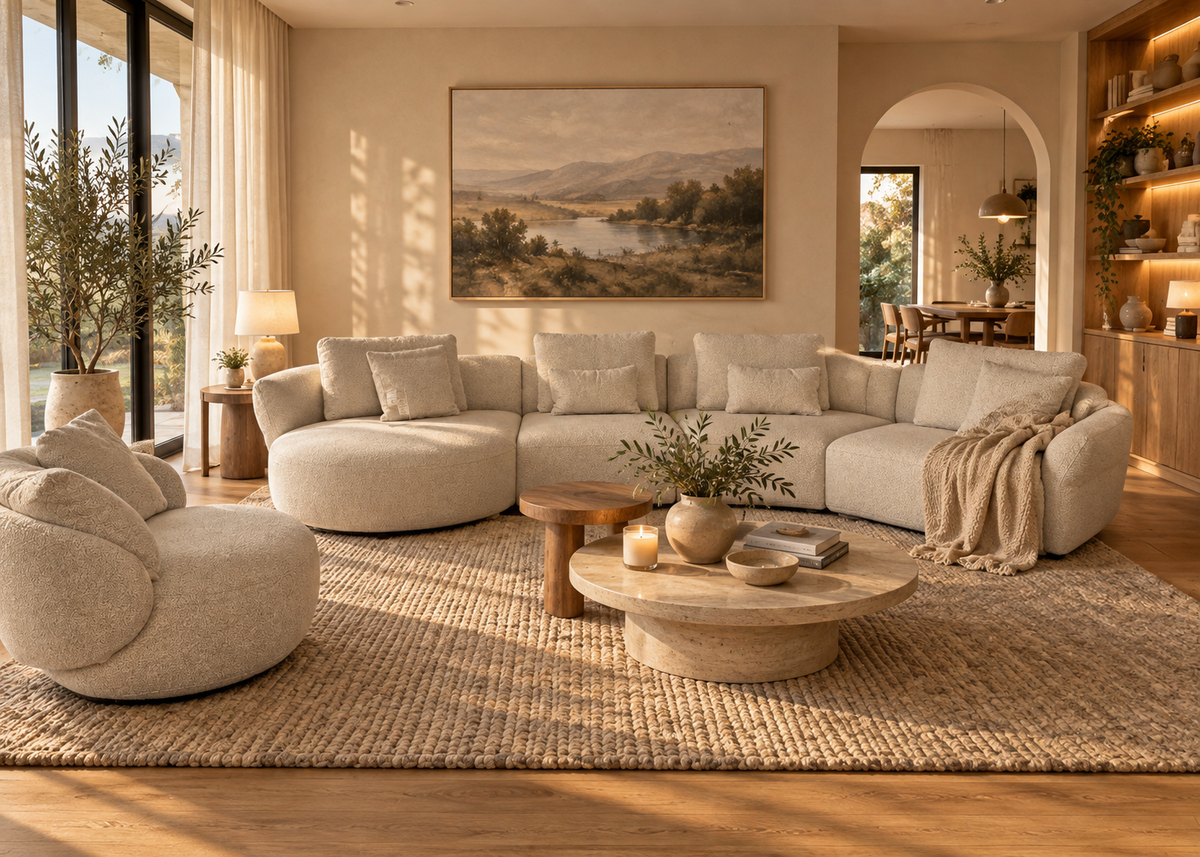 Sculptural bouclé sofa in a sunlit contemporary room for occasional seating