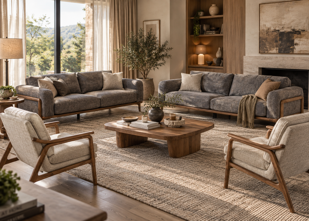 Warm contemporary living room with natural textures and a comfortable sofa
