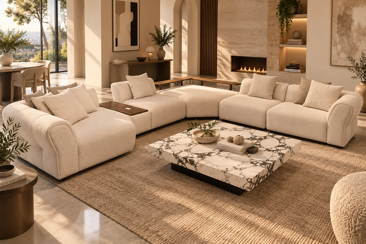 Cream modular sofa in a warm neutral living room, illustrating the 2026 slipcovered sofa trend