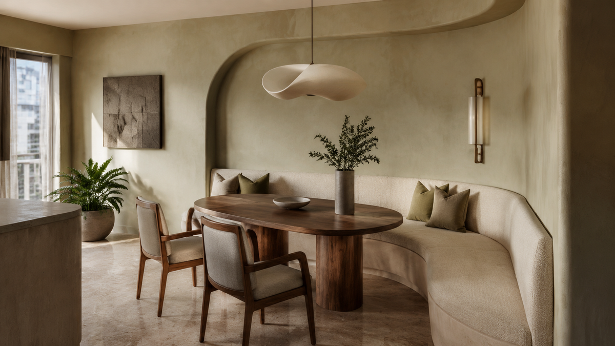 Editorial banquette seating in a contemporary dining interior