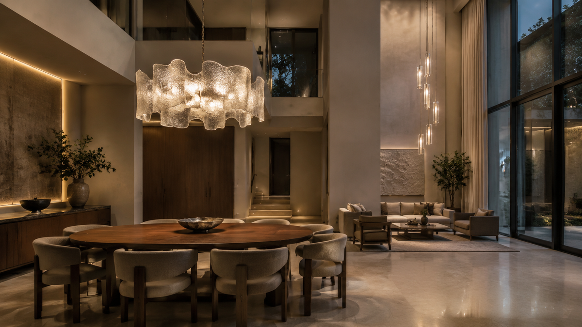 Editorial chandelier scale and placement in a luxury Indian interior