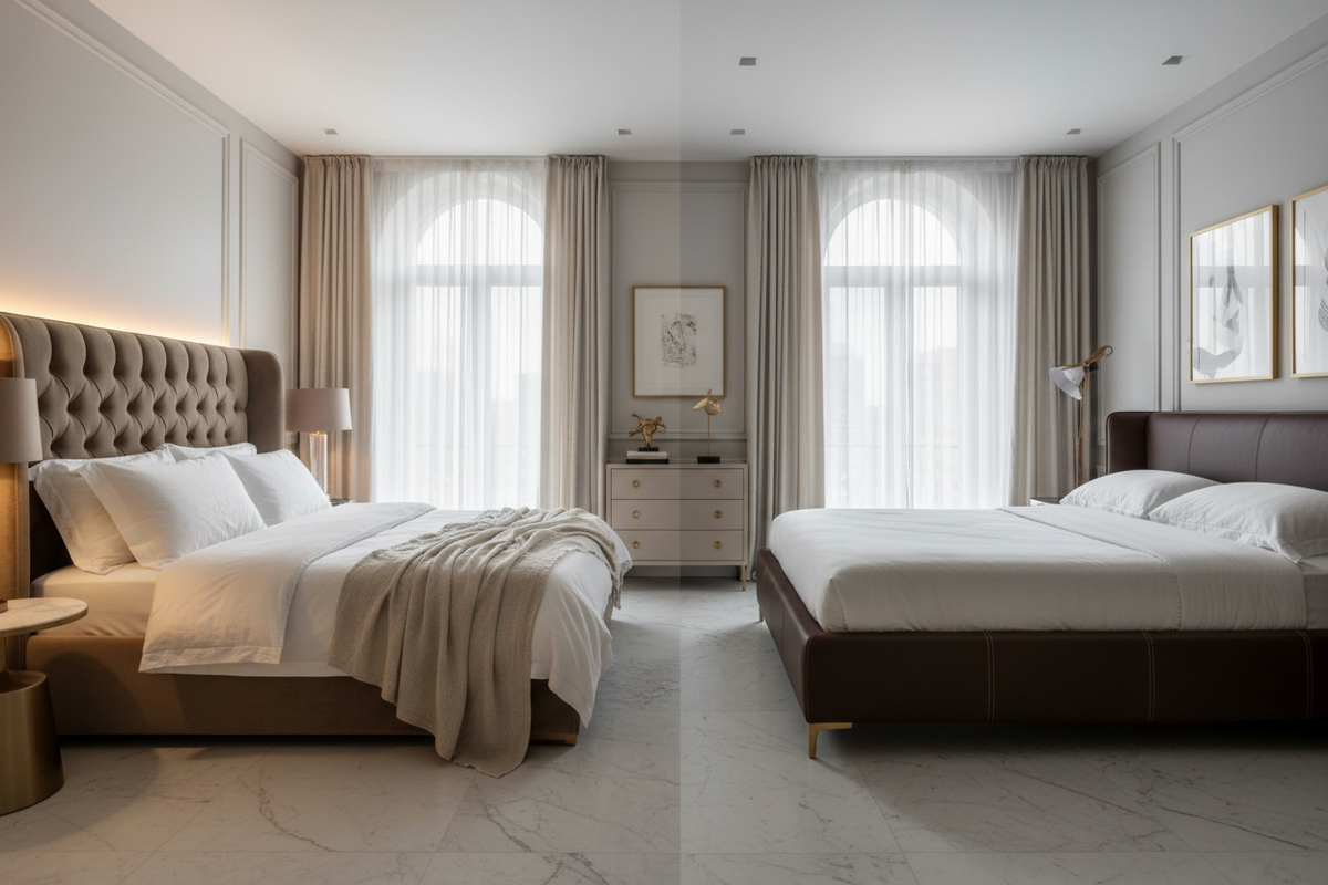 eather bed vs upholstered bed luxury bedroom guide by Avian Lifestyle Delhi NCR