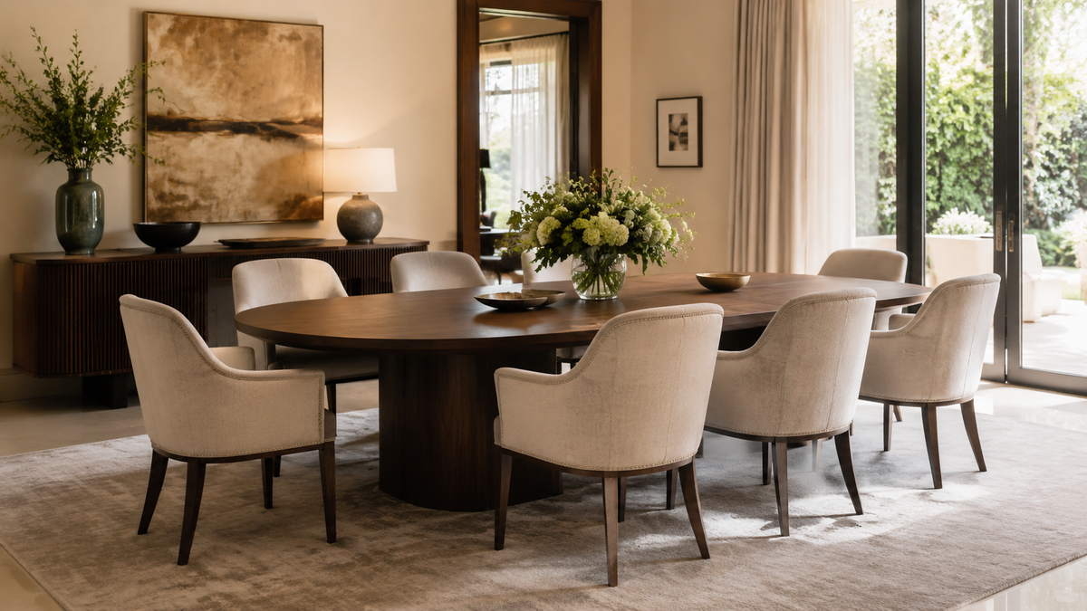 Editorial dining chairs arranged for comfort and generous circulation