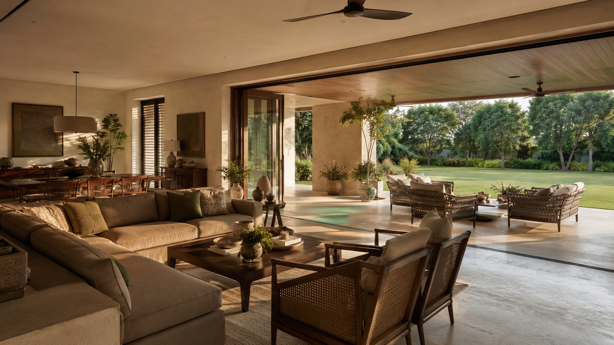 Editorial luxury farmhouse living room in Delhi NCR