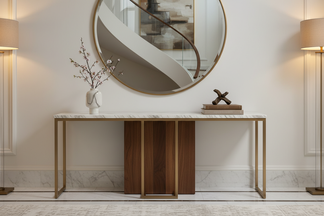 Luxury Console Table Delhi Under ₹1.5 Lakh – Avian Brown Marble Entryway 2026