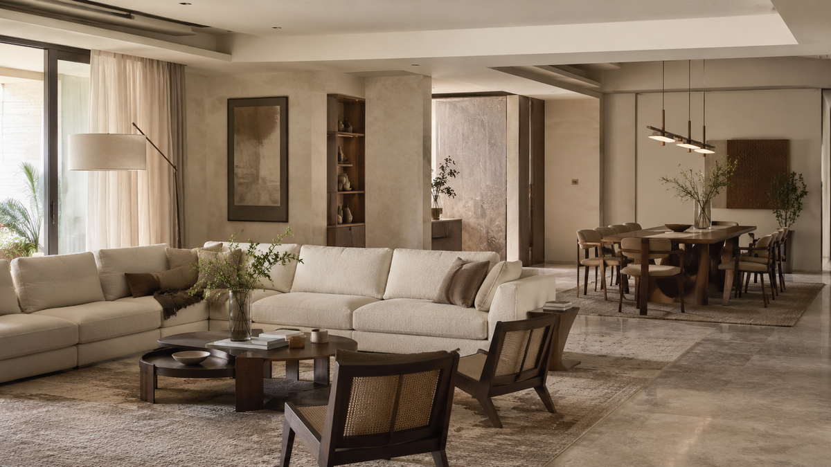 Editorial open-plan luxury living and dining room in Delhi NCR
