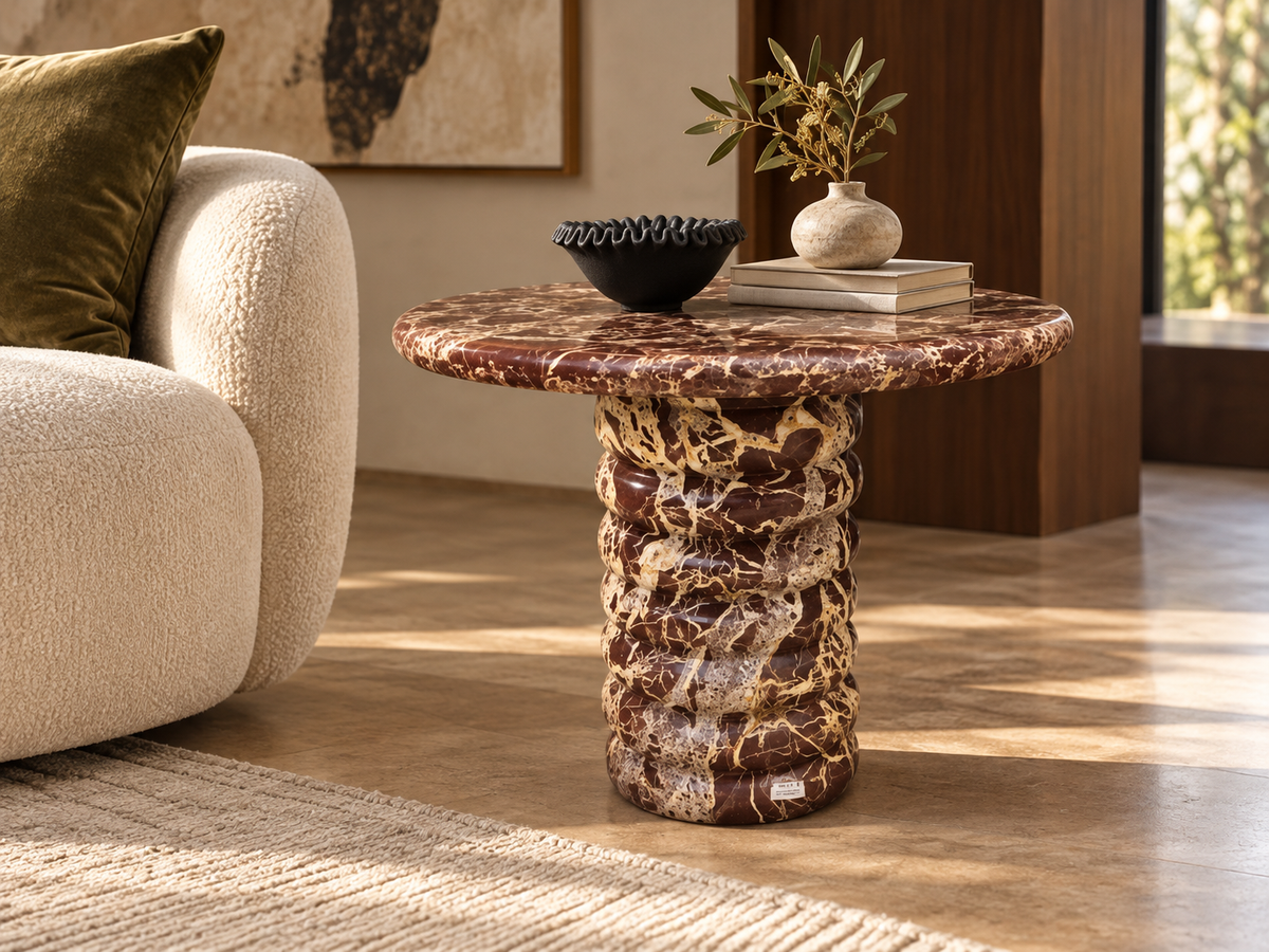 Ribbed burgundy marble Orsino side table with stacked sculptural column design
