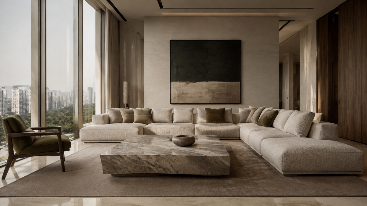 Editorial extra deep sofa balanced in a generous luxury living room