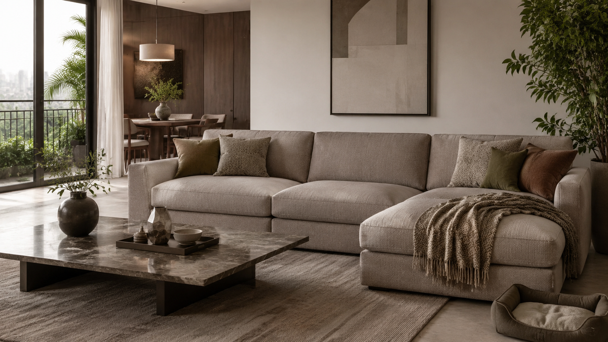 Editorial pet friendly performance fabric sofa in an Indian home