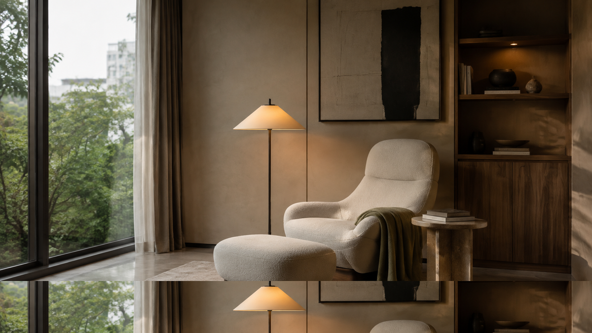 Editorial reading nook with armchair floor lamp and side table