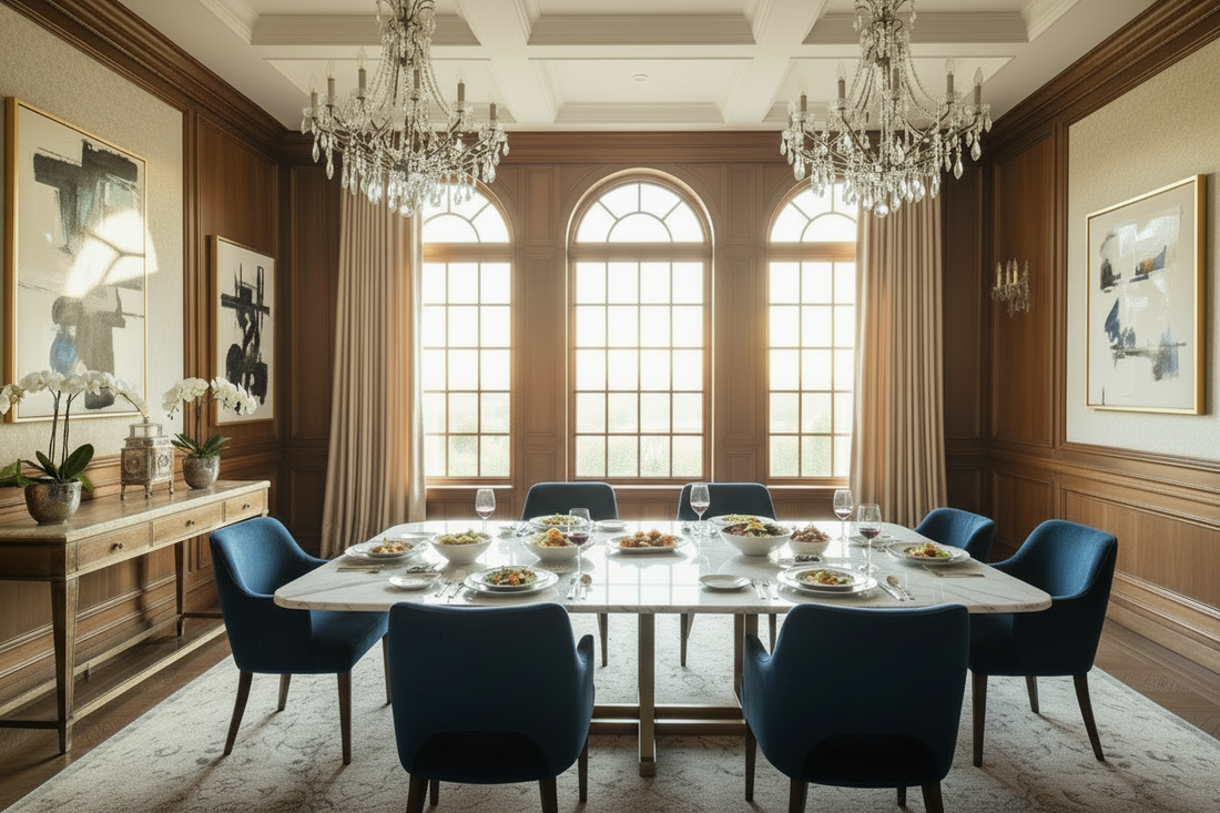 Luxury Dining Collection Delhi Under ₹5 Lakh – Marble Table & Brown Leather Chairs 2026