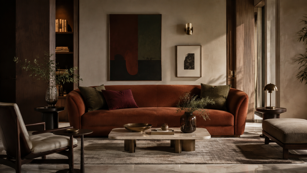 Editorial statement sofa colour palette for an Indian luxury home