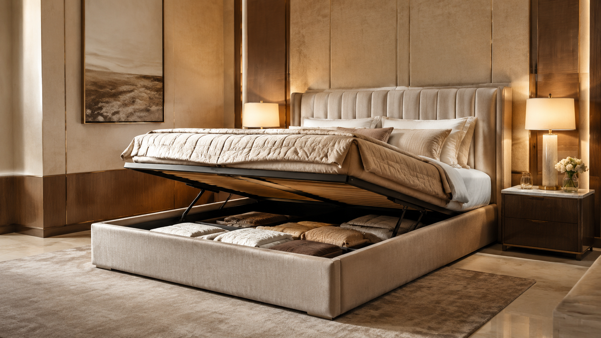 Editorial upholstered hydraulic storage bed in a luxury Indian bedroom