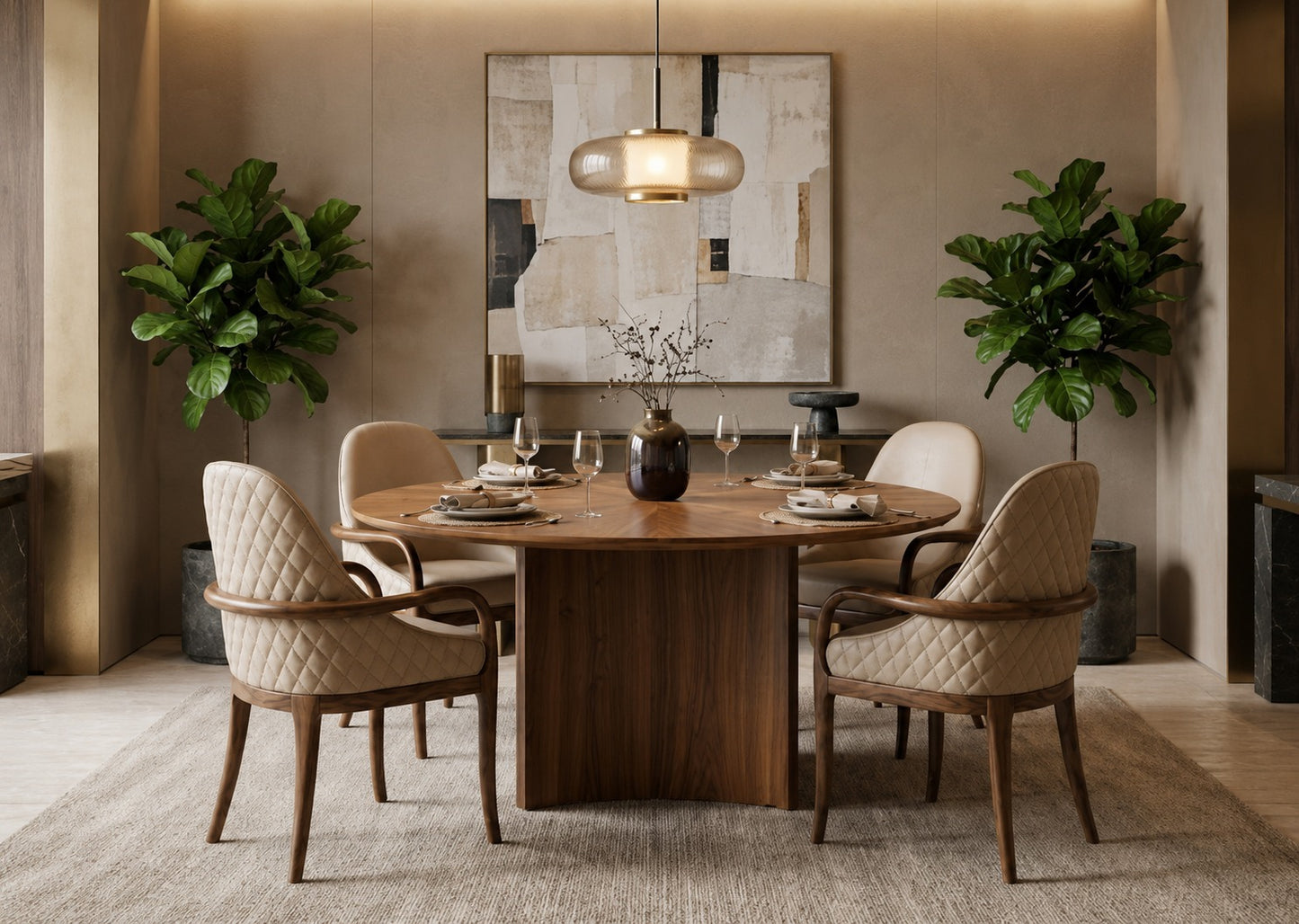 Dining room with wooden table and chairs, abstract painting on the wall, and potted plants.