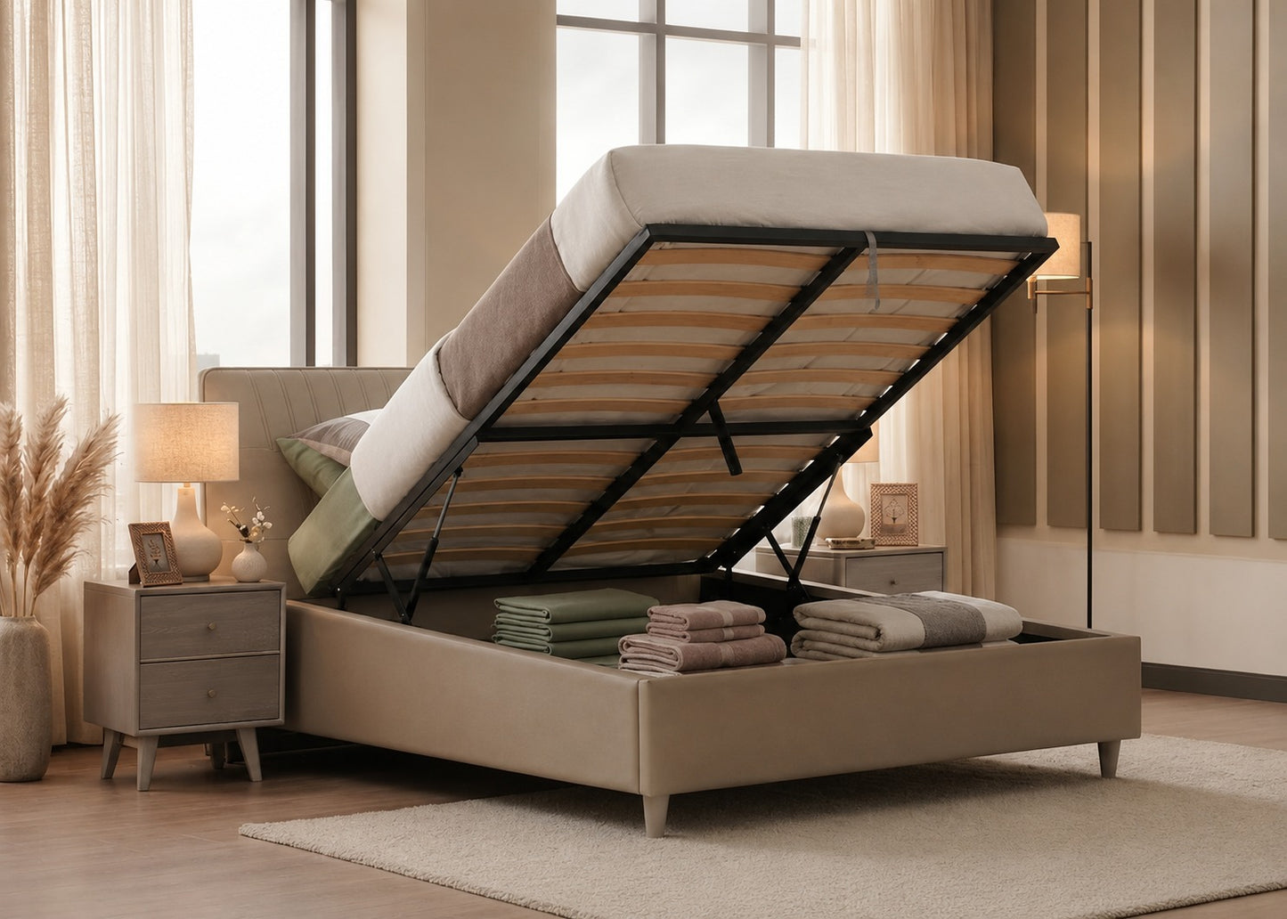 Beige upholstered bed with storage compartment in a bedroom setting