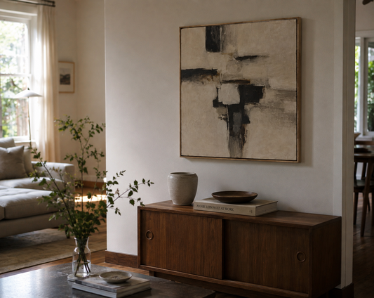 An abstract framed painting with black, gray, and beige brushstrokes hangs on a warm off-white wall in a styled living room above a mid-century modern wooden sideboard.