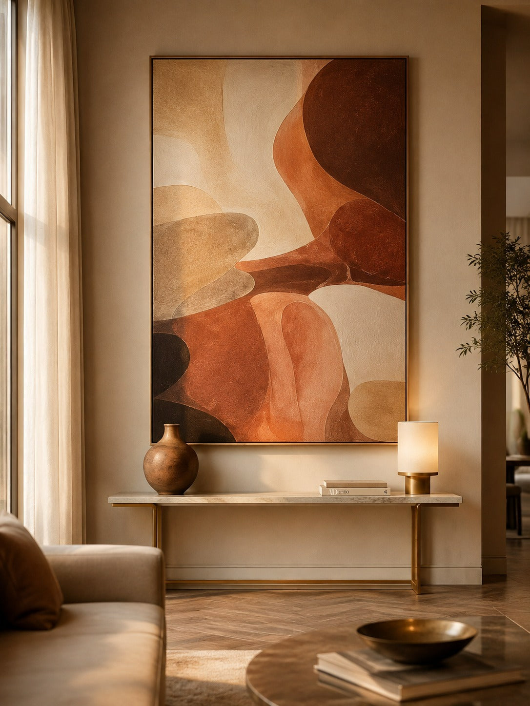 Large framed abstract wall art with flowing organic shapes in warm beige, tan, brown, and rust tones, displayed above a console table in a styled living room.