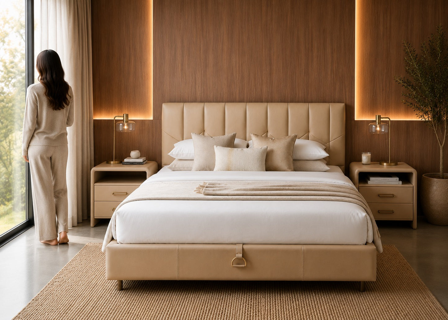 A modern beige upholstered bed with white bedding is centered in a warm, contemporary bedroom with wood-paneled walls, built-in lighting, matching nightstands, and a person standing by a window on the left.