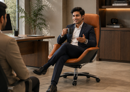 A man in a navy suit sits in a modern orange-brown leather office chair, holding a dark mug in a professional office setting with another person partially visible in the foreground.