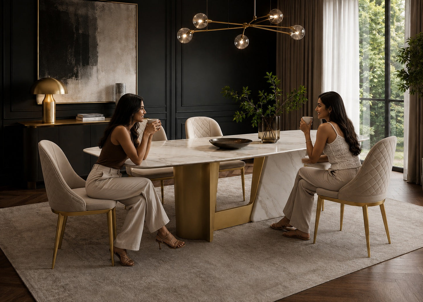Two women seated across from each other at a modern oval dining table in a stylishly decorated dining room. The table has a white marble top and a gold base, surrounded by beige upholstered chairs with gold legs.