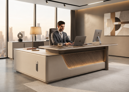 A man in a gray suit sits behind a large modern office desk in a bright, contemporary office with floor-to-ceiling windows, a laptop, and a computer monitor on the desk.
