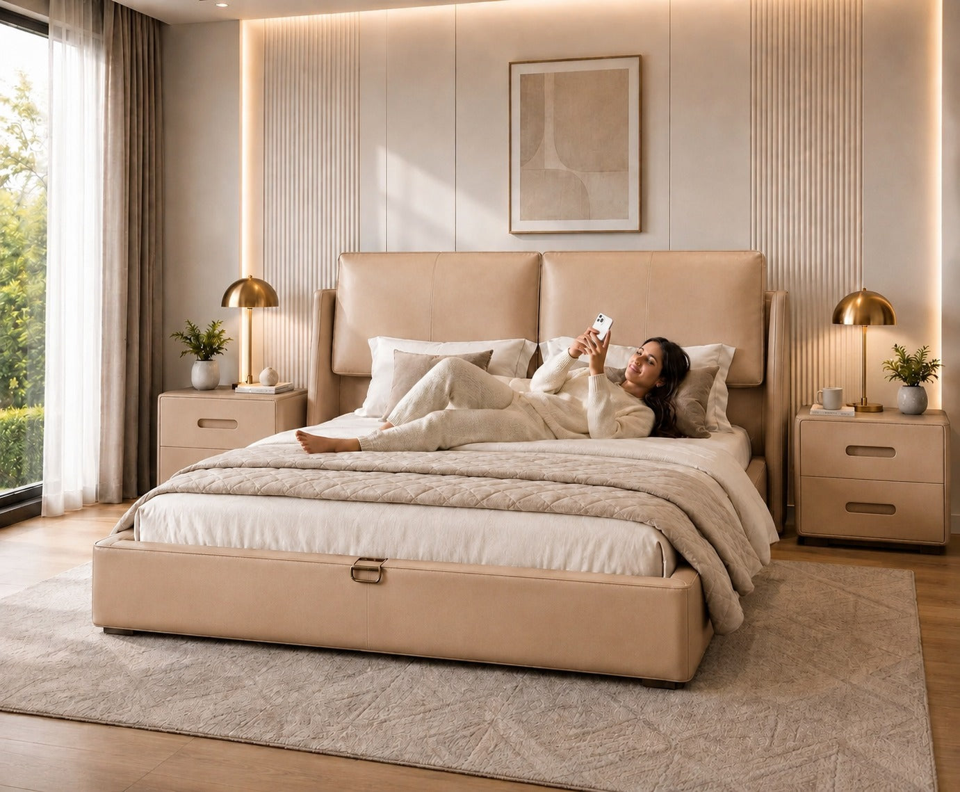 A woman relaxes on a beige upholstered bed in a modern, warm-toned bedroom. The bed has a matching headboard and footboard, with cream bedding, bedside tables, gold table lamps, and a light wood floor.