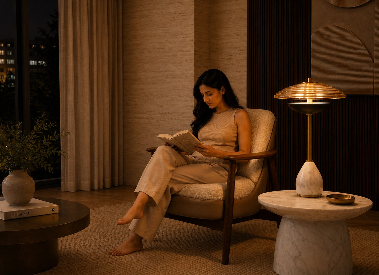 Woman reading a book in a dimly lit room with a lamp and table.