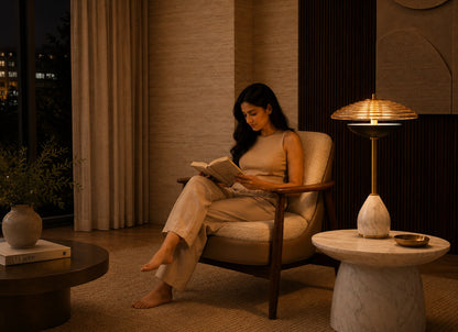 Woman reading a book in a dimly lit room with a lamp and table.