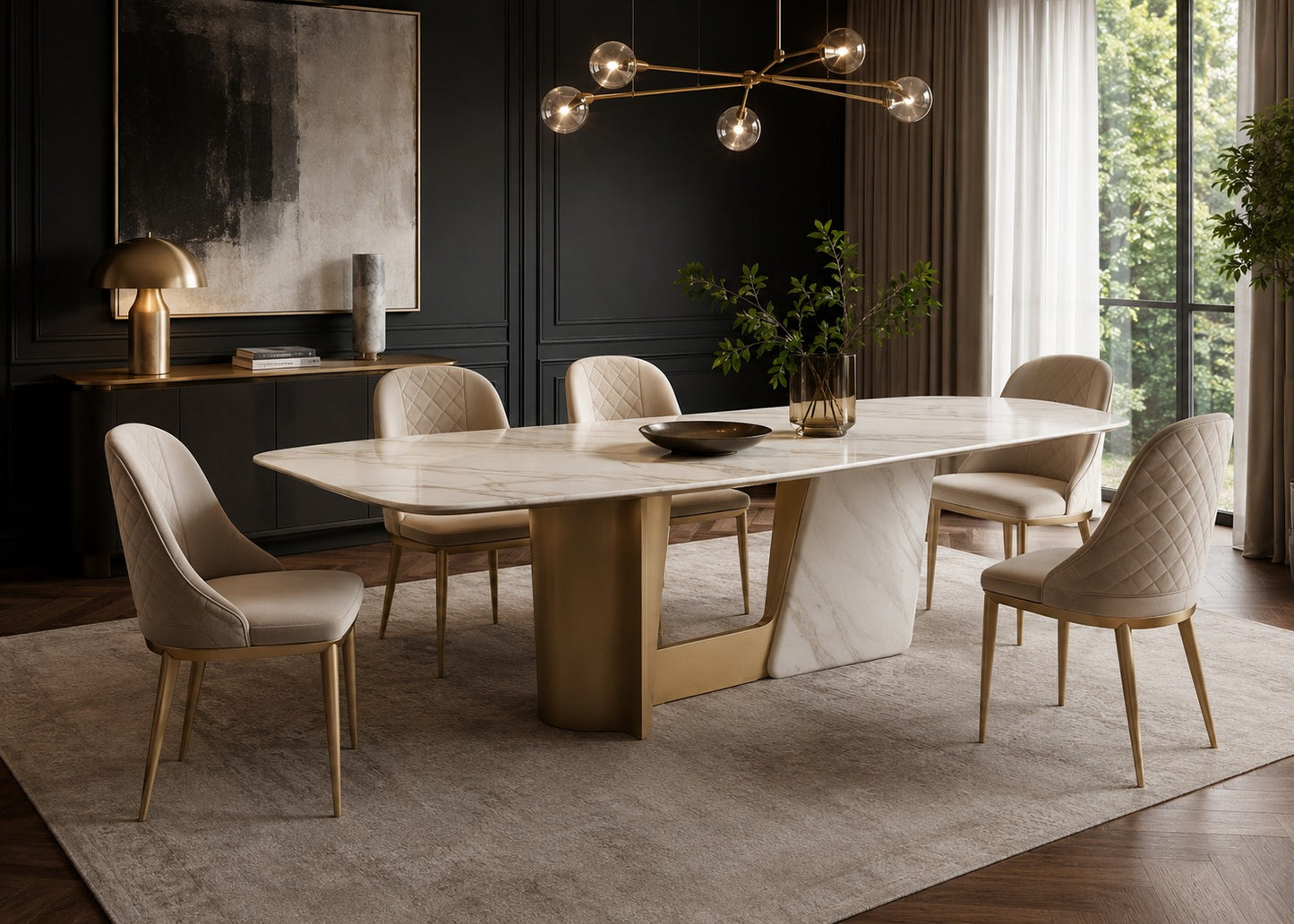 A modern dining room set featuring a rectangular white marble table with a gold metal base, surrounded by six upholstered dining chairs in beige, set on a large textured area rug in a dark, elegant room.