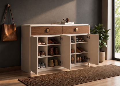 A modern entryway shoe cabinet with two upper drawers and two lower cabinet doors shown open, filled with shoes. The cabinet has a light beige body with medium brown wood drawer fronts and handles.