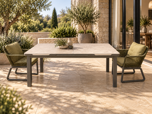 Outdoor patio dining set featuring a rectangular stone-look table with dark gray metal legs, flanked by two woven armchairs with olive green cushions, set on a tiled patio in front of a stone building.
