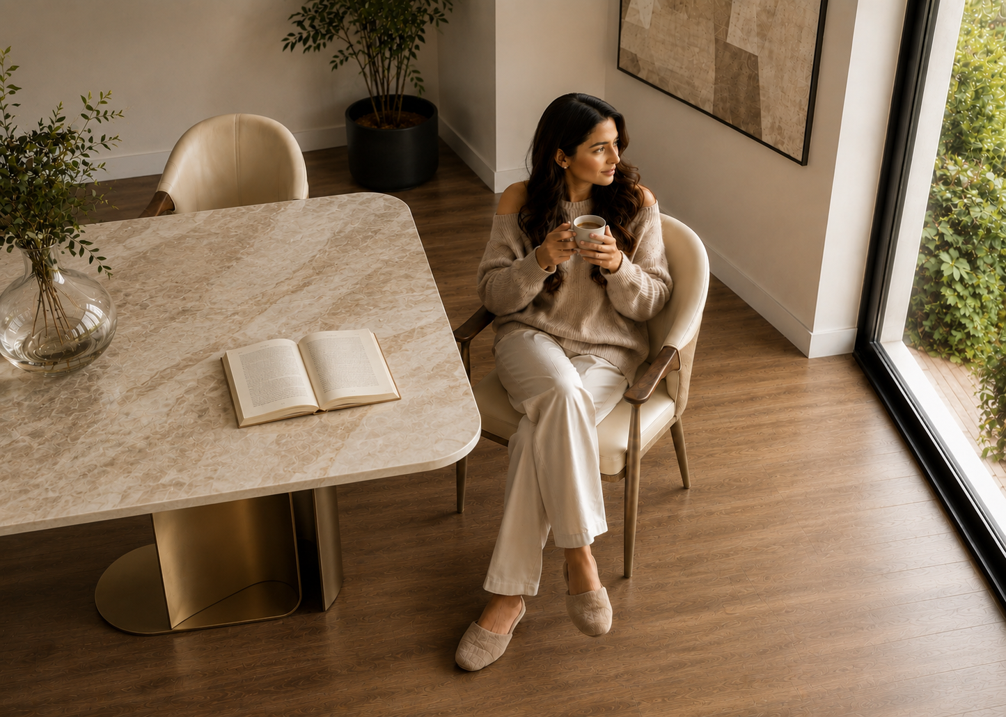 A woman in a beige lounge set sits in a modern dining room holding a mug, next to a marble-top table with an open book.