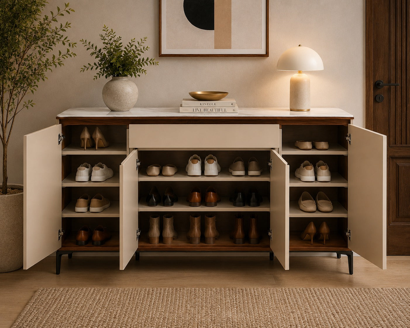 Shoe cabinet with open doors displaying shoes, placed in a room with a plant and decor.