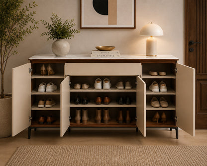 Shoe cabinet with open doors displaying shoes, placed in a room with a plant and decor.