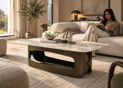 A modern coffee table with a white marble top and a sculptural bronze metal base, styled in a bright, contemporary living room with a woman relaxing on a cream sofa in the background.