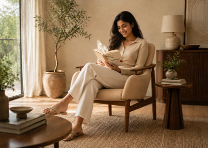 A woman sits in a beige armchair in a warm, sunlit room, reading a book. She is wearing a matching beige collared top and wide-leg trousers with flat sandals.