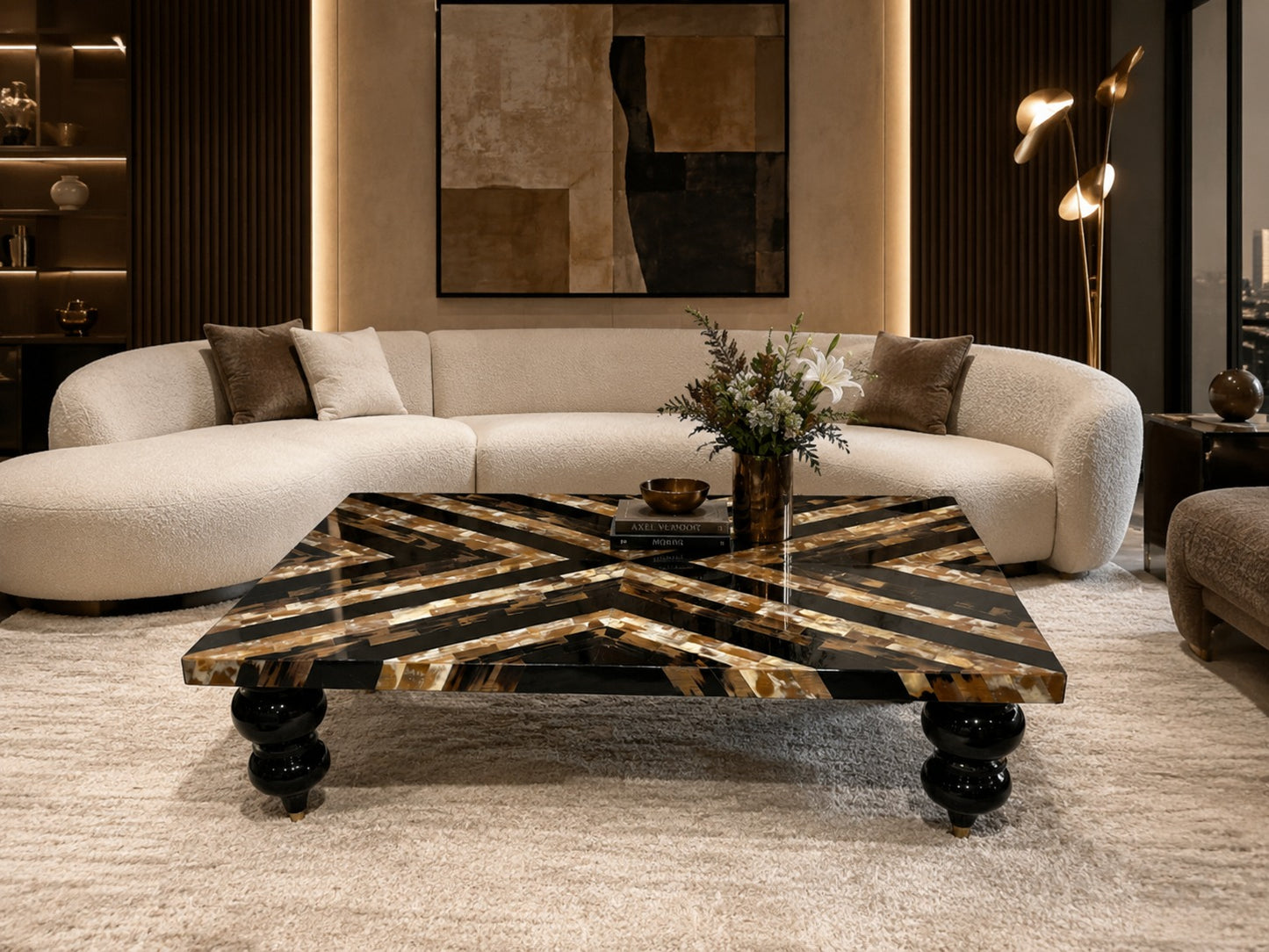 Modern living room with a stylish coffee table and beige sofa.