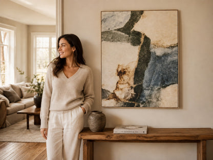 A woman in a beige knit sweater and matching pants stands in a bright living room beside a large framed abstract painting with blue, gray, and beige tones.