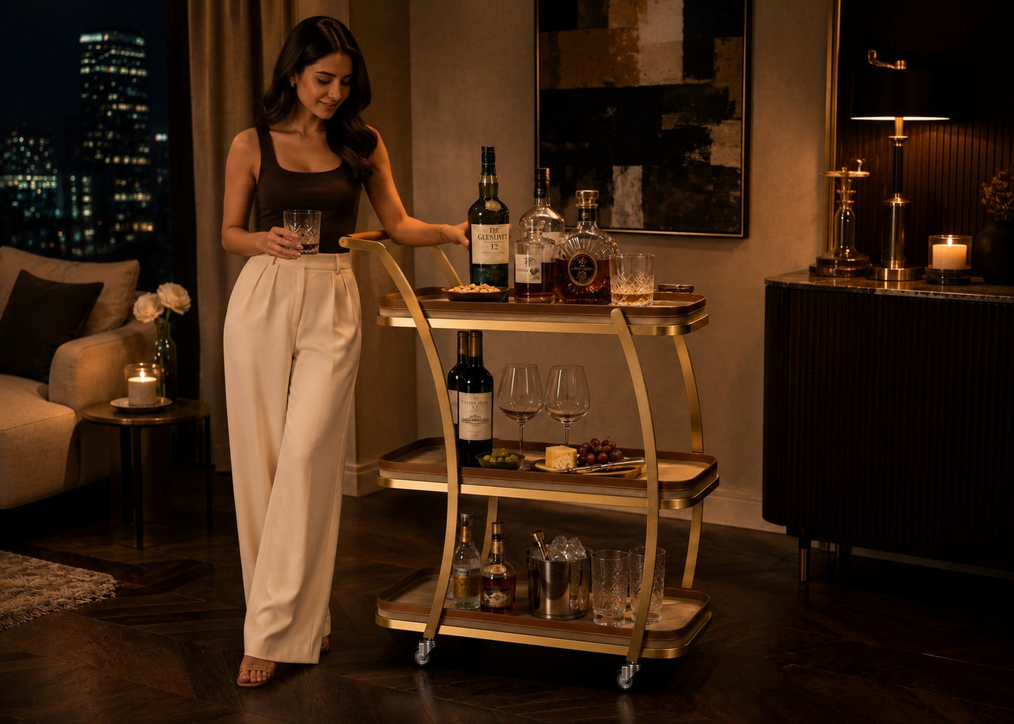 Woman in a dimly lit room with a bar cart filled with drinks and snacks.